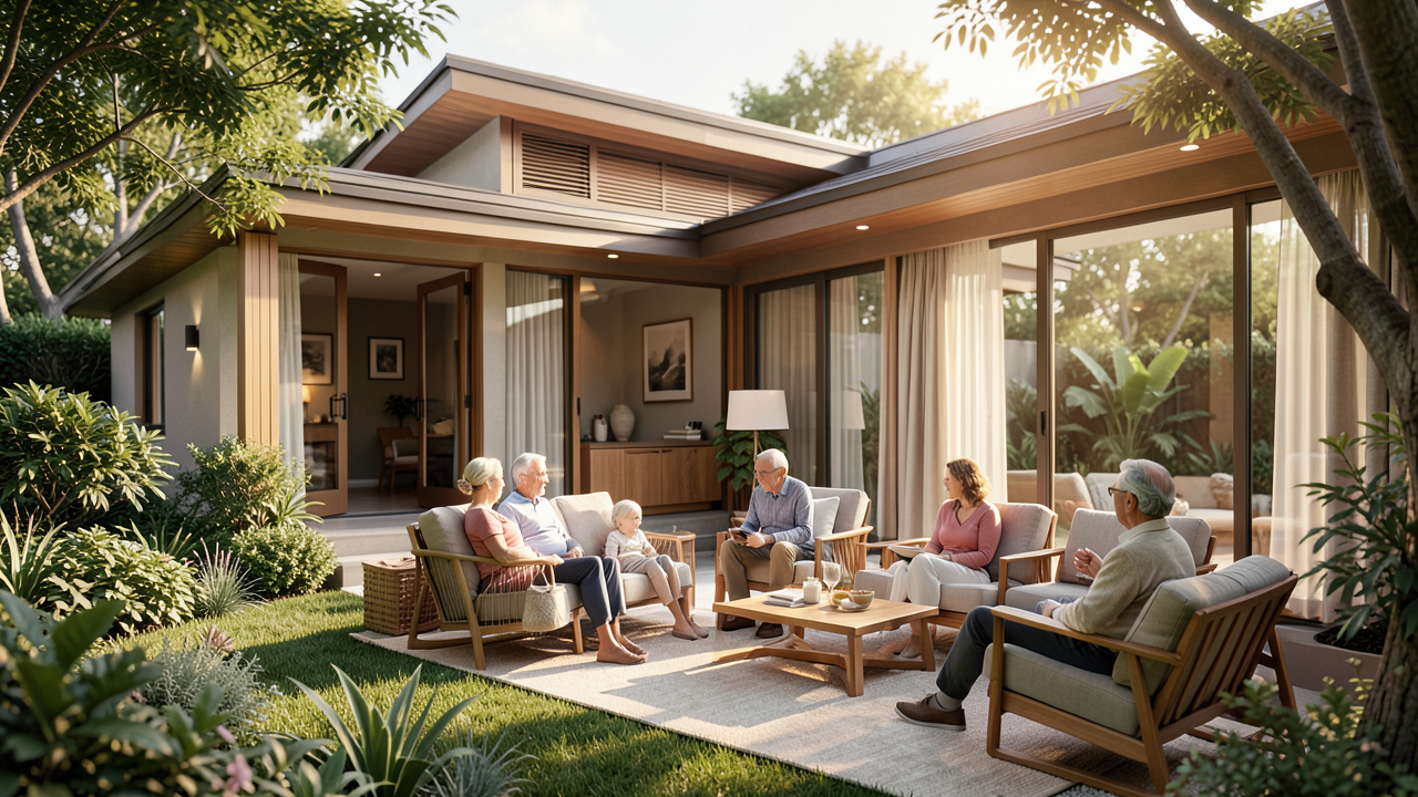 Résidence pour seniors moderne et élégante avec jardin paysagé, personnes âgées installées dans un salon intérieur lumineux, éclairage naturel et profondeur de champ.